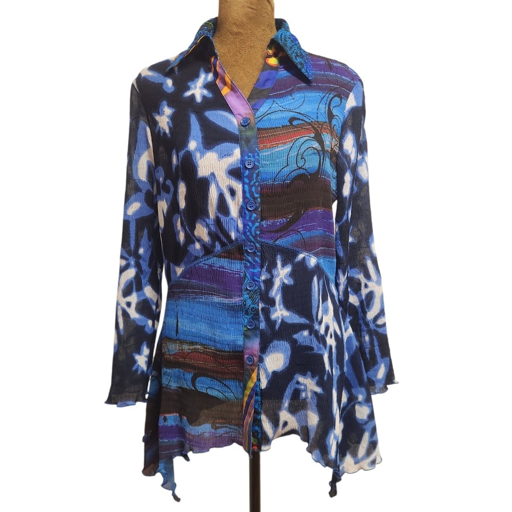 Pleats Collection Wearable Art Size M Mixed Print Asymmetrical Button Down Shirt